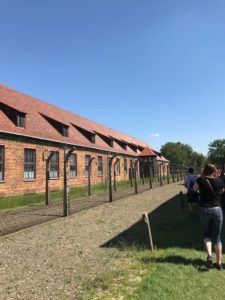 Electric fences, guard tower, and dorms at Auschwitz 