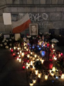  This is the unofficial memorial to Piotr Szczesny, who died after lighting himself on fire in protest against Poland’s Law and Justice party.
