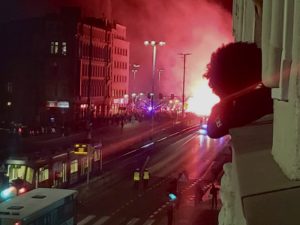 My afro against the red flares of the Polish nationalist parade on the Polish Independence Day.