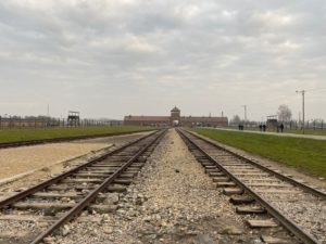 Train tracks and gate of Auschwitz-Birkenau