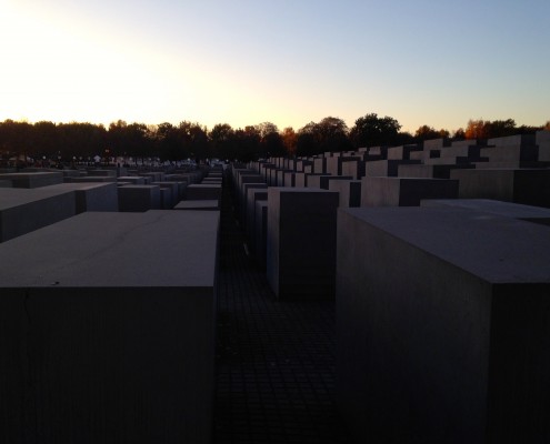 Sunset on the stelae at the Memorial to the Murdered Jews of Europe