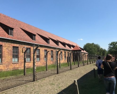 Electric fences, guard tower, and dorms at Auschwitz