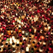 A sea of grave lanterns placed at Grabiszyński Cemetery for All Saints Day.
