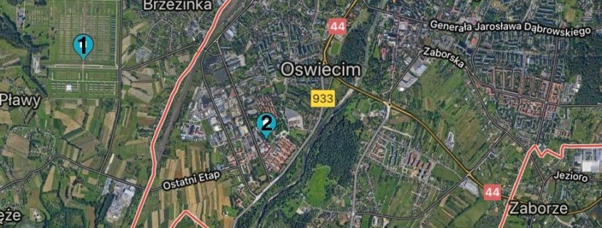 Map of the town of Oswiecim, with its borders in orange. The marker #1 shows where Auschwitz-Birkenau is located just outside of the town, and #2 is Auschwitz-I, which sits within the town borders